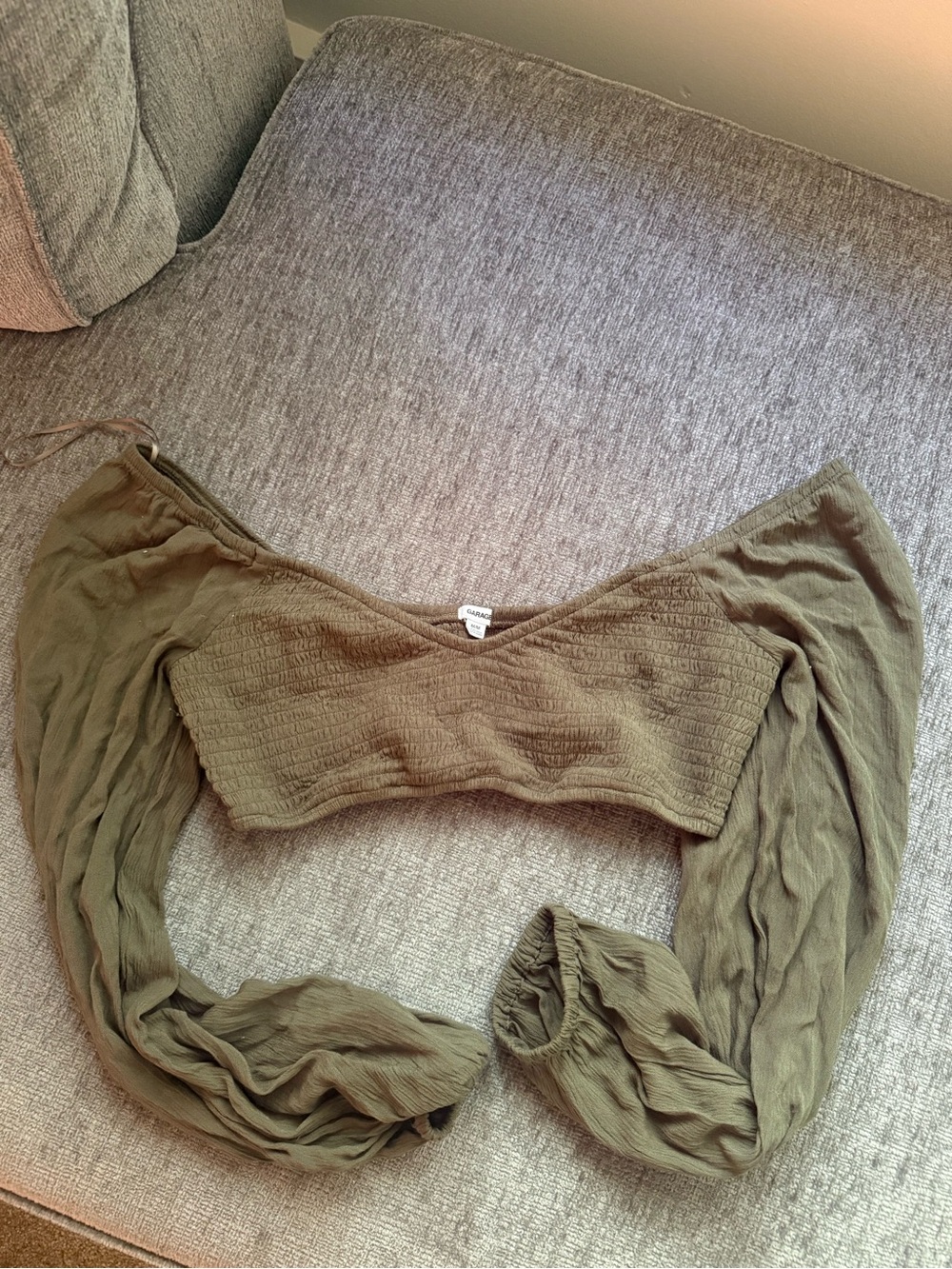Garage Olive Green Off-Shoulder Puff Sleeve Crop Top